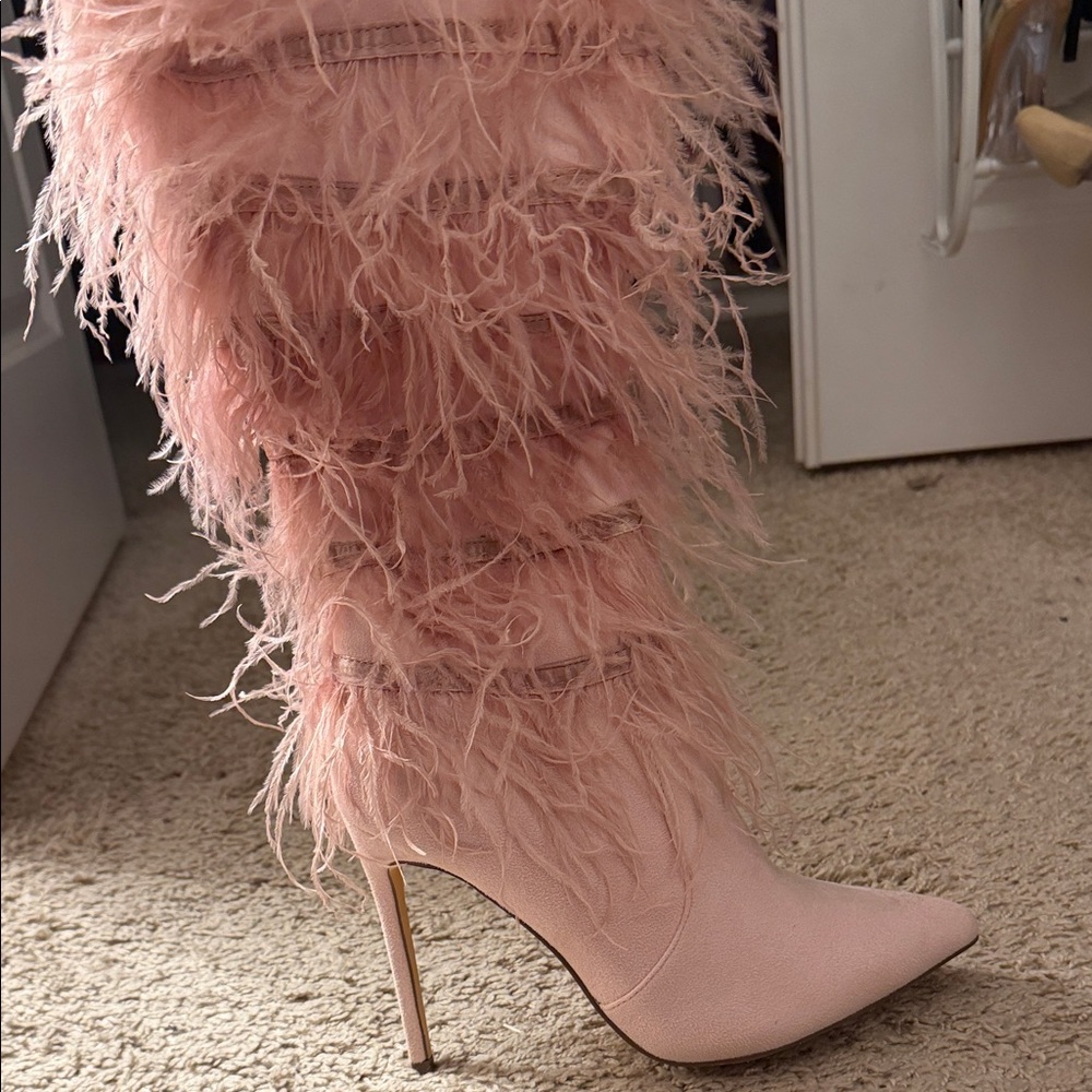 Pink Feathered Heeled Boots